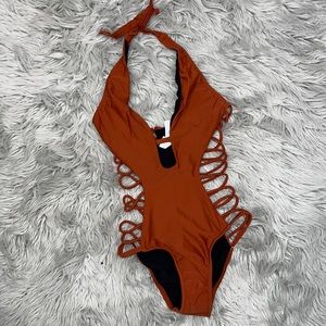 Sports Illustrated Swim Rust Strappy Sides Plunging Halter One Piece Swimsuit